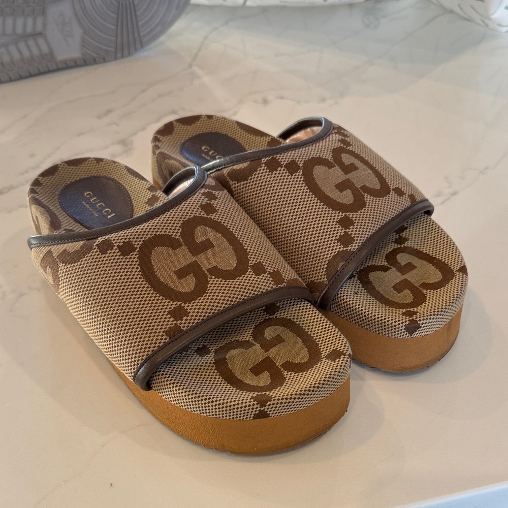 Gucci Tan GG Pattern Slide Sandals